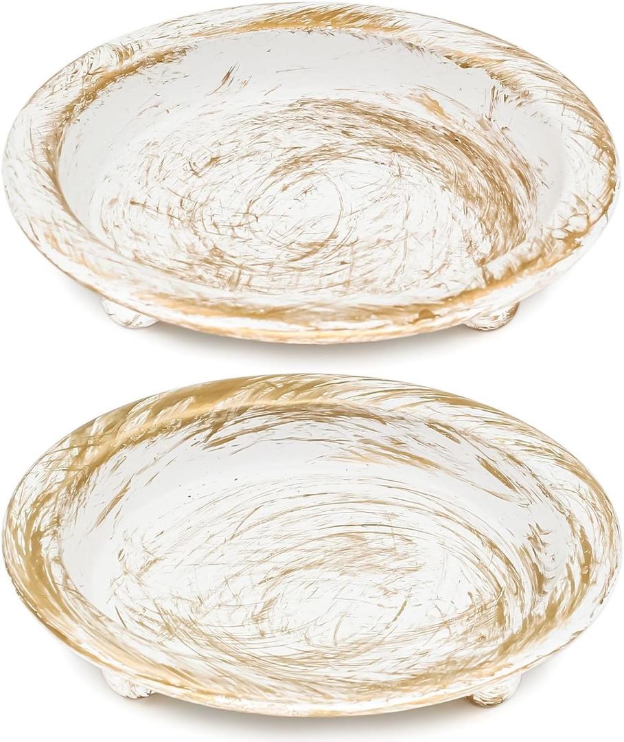 White/Gold Iron Candle Plate, Set of 2, Metal Saucer Style Candle Holder for Pillar/Scented/Flameless/Ball Candles, Decorative Candle Stand for Table Centerpiece - White/Gold