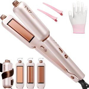 FMZ Pink Flat Iron Hair Straightener Curler Crimper for Women, 4 in 1 Professional Ionic Hair Styling Irons for Straightening, Crimping, Curling, Dual Voltage, Auto Shut-Off, Small Portable for Travel (Starry Pink Rose Gold)