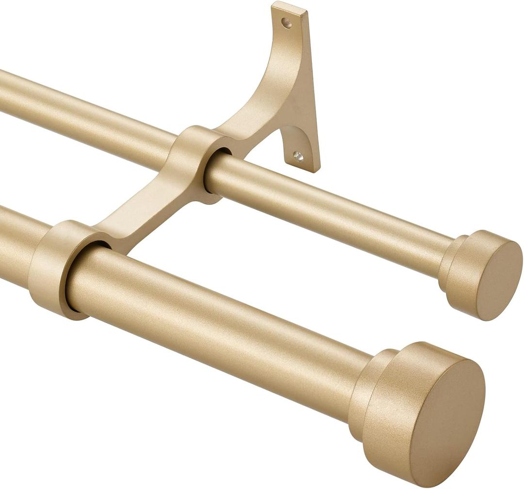 Heavy Duty Double Curtain Rods with Cylindrical Cap Finials - 36 to 72' Telescoping Rods, 1 Inch and 5/8 Inch Diameter, Light Gold