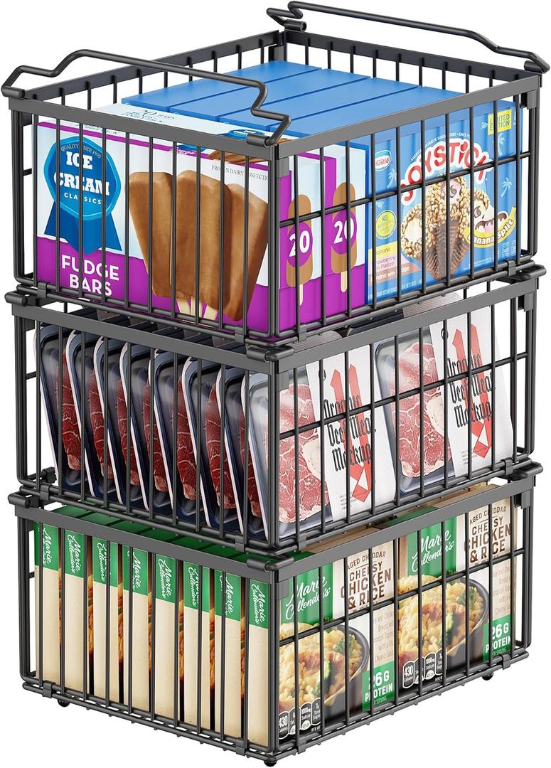 Freezer Organizer Bins, 3 Pack Big Stackable Deep Chest Freezer Organizer Bins, Foldable Baskets with Handles, Black Storage Container Baskets for 5 to 9 Cu.FT Deep Freezer Sort Frozen Meats (Large)
