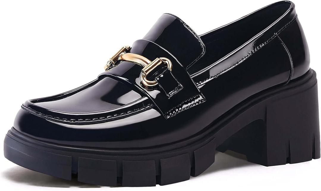 Coutgo Womens Chunky Platform Lug Sole Loafers Mid Heel Square Toe Dress Walking Work Shoes with Buckle Chain (6.5, Mirror Leather Black)