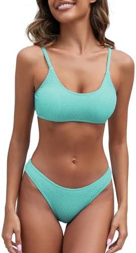 Fanuerg Women's Ribbed Bikini Sets Scoop Neck Cheeky Swimsuit Textured Two Piece Bathing Suit, S
