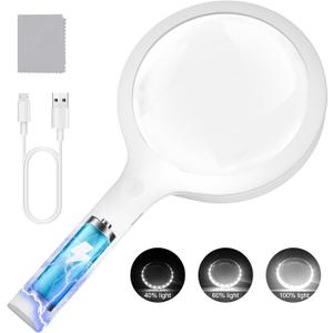 30X Charge Magnifying Glass with Light, NUEYiO 4.33Inch Large Handheld Magnifying Glass 20 Daylight LEDs, Third Gear Dimming Lighted Magnifier for Seniors Reading Inspection Coin Collection Jewelry