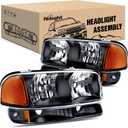 Nilight Headlight Assembly Compatible for 1999 2000 2001 2002 2003 2004 2005 2006 GMC Sierra Yukon, Black Housing Amber Corner Clear Lens, Headlights Assembly Replacement