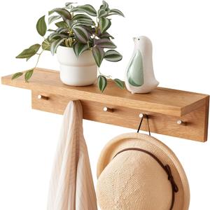 Oak Wood Coat Rack Wall Mount With Shelf 20 Inch Long, 5 Hooks, Floating Entryway Wall Shelf for Bathroom, Hallway, Living Room