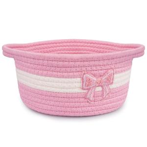 Pink Bow Basket for Nursery- Small Woven Gift Basket with Embroidered Bow, Empty Cute Rope Cotton Decorative Storage Bin, Baby 0rganizer with Handles, Shelves Shower Towel Wedding Decor