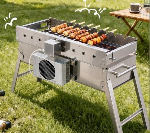 Automatic Portable BBQ Charcoal Grill, Automatic Rotation without Electricity, Stainless Steel, for Camping Outdoor Picnic Adventures