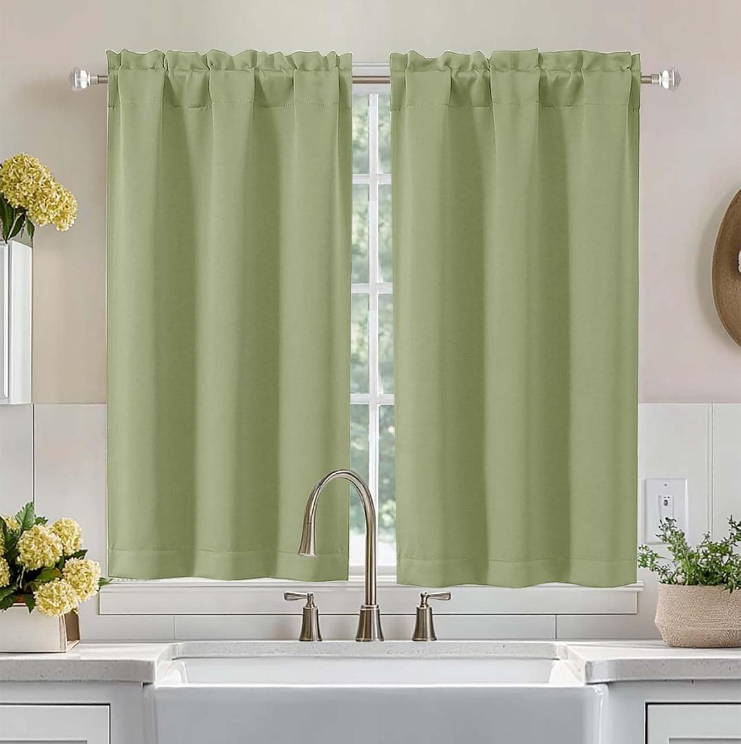 Aiyufeng Sage Green Short Blackout Curtains for Bedroom 45 Inches Long 2 Panels Set, Solid Thermal Insulated, Energy Saving Window Treatment Curtains Blackout Drapes, W40 x L45 Inch, Sage Green