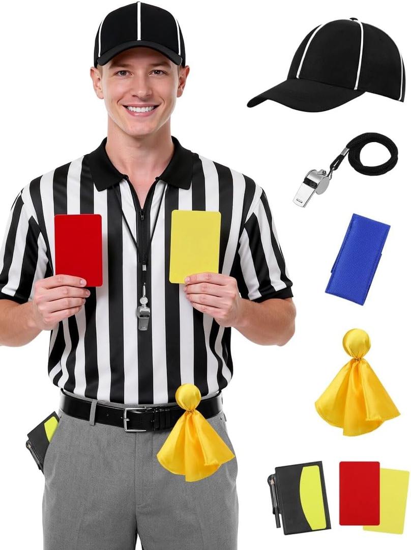SOMSOC 6 Pcs Referee Shirt, Men Women Zipper Collar Ref Shirt Card Hat Whistle Penalty Flag Sandbag Rugby for Football Soccer (Large, Black and White)