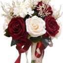 8.6in Wedding Bouquets for Bride Bridesmaid,White Champagne Red Burgundy Rose Artificial Fake Silk Flowers Bridal Bouquets for Wedding With Ribbon Handle Boho Rustic Church Decoration Toss Bouquet