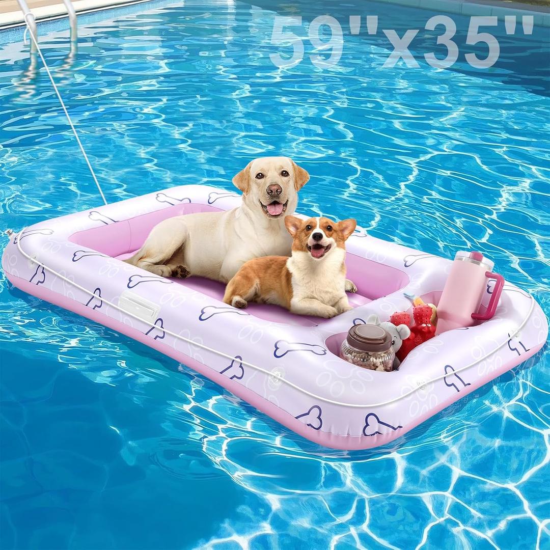 Pawaboo Dog Pool Float, Inflatable Pet Pool Floats for Medium Large Dogs Up to 220 lbs, Dog Raft and Float for Pool with Dual Handles Snack Area, Dog Floating Lounger for Pool Beach Lake, Pink 