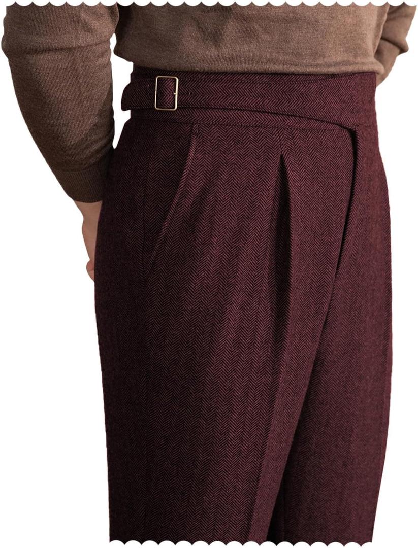 Men Trousers Vintage Tweed Blend Pants Herringbone Slim Fit Pleat-Front Pant (34W x 34L, Burgundy)