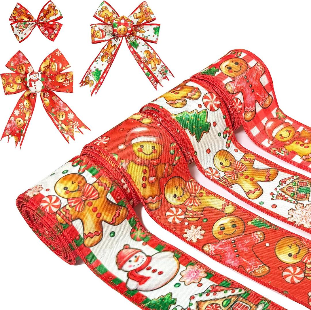 4 Rolls 24 Yards Red Christmas Wired Ribbon, Gingerbread Man, Snowman Snowflake Ribbon Christmas Swirl Burlap Gift Wrapping Line for DIY Craft Bow Garland Decoration,2 Inch
