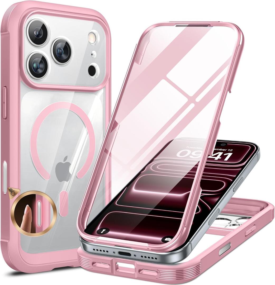 Miracase Magnetic for iPhone 17 Pro Case 6.3" [Compatible with MagSafe] Full-Body Phone Case with Built-in Glass Screen Protector & Camera Control,Drop Proof iPhone 17 Pro Cover, Pink