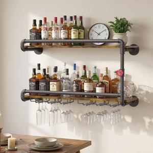 Merapi Rustic Wall Mounted Wine Rack with Stemware Holder, 2 Tier Floating Bar Shelf for Home Bar, Coffee Station, Kitchen Storage, Dining Room Wall Decor, Farmhouse Organization & Coffee Bar Decor, 35.4 X 8.5 X 19.5 Inches