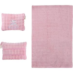 Travel Blanket and Pillow-2-in-1, Ultra-Soft & Compact, Airplane Blanket with Hand Luggage Belt and Backpack Clip, Travelers Accessories Gifts, 61x43 Inches (Pink)