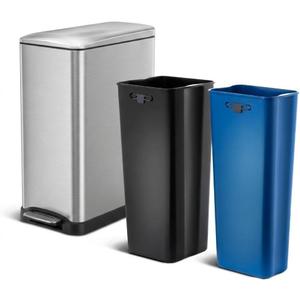 Home Zone Living 13 Gallon Slim Kitchen Trash Can with Dual Compartments for Trash and Recycling, Soft Close Lid, Step Pedal, Stainless Steel, Silver