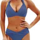 Yonique Women Two Piece Bathing Suits Push Up Bikini Set Halter Swimsuit Vintage Swimwear (Large, Gray Blue)