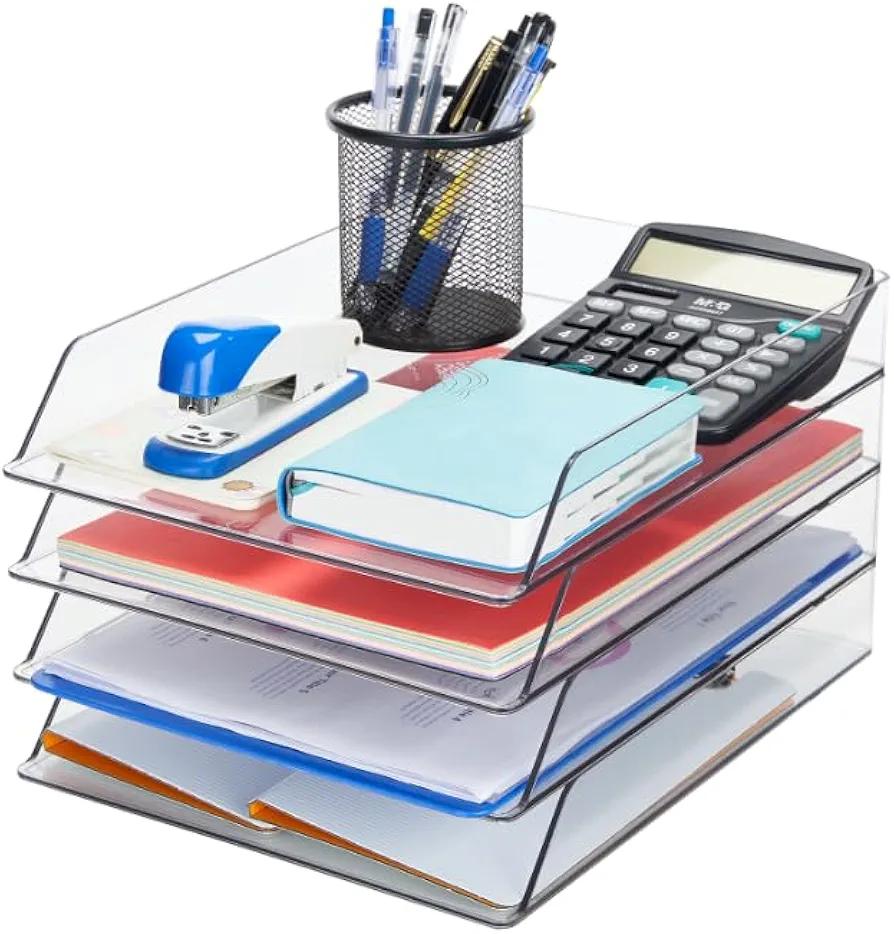 Segulah 4 Pack Stackable Paper Organizer Letter Tray, Paper File Holder Organizer, 4-Tier Letter Tray Desk Organizers for Office Supplies Books Magazines Notes, Desktop Organization and Storage