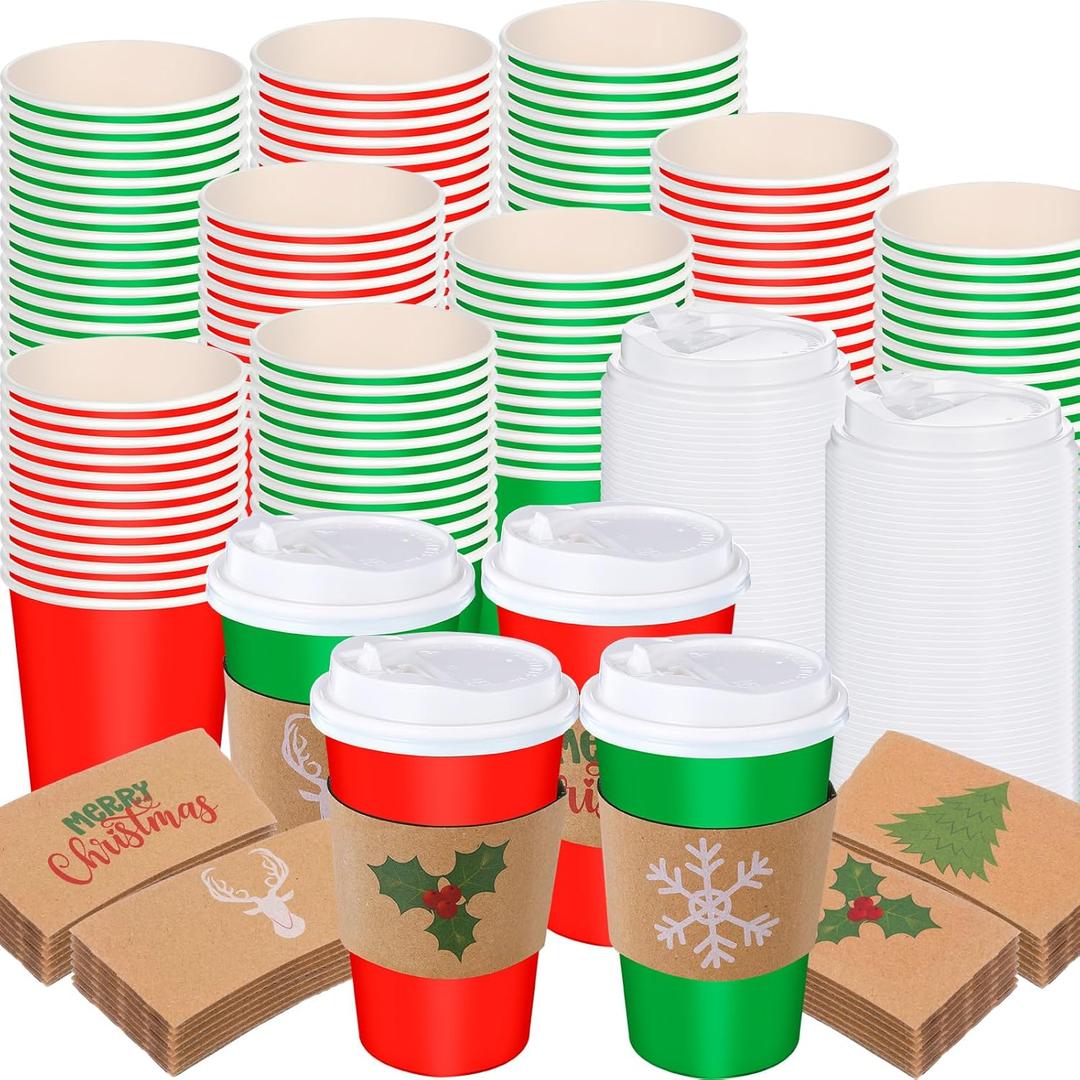 Jingmore 50 Pack 16 oz Christmas Disposable Coffee Cups with Lids and Sleeves Merry Christmas Paper Coffee Cups Red and Green Drinking Cup for Beverage Cold Hot Drinks Holiday