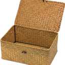 Wicker Storage Basket with Lid, Natural Seagrass Woven Shelf Basket for Storage, Rectangular Decorative Storage Bins Boxes Home Organizer Decor (Natural, Medium)