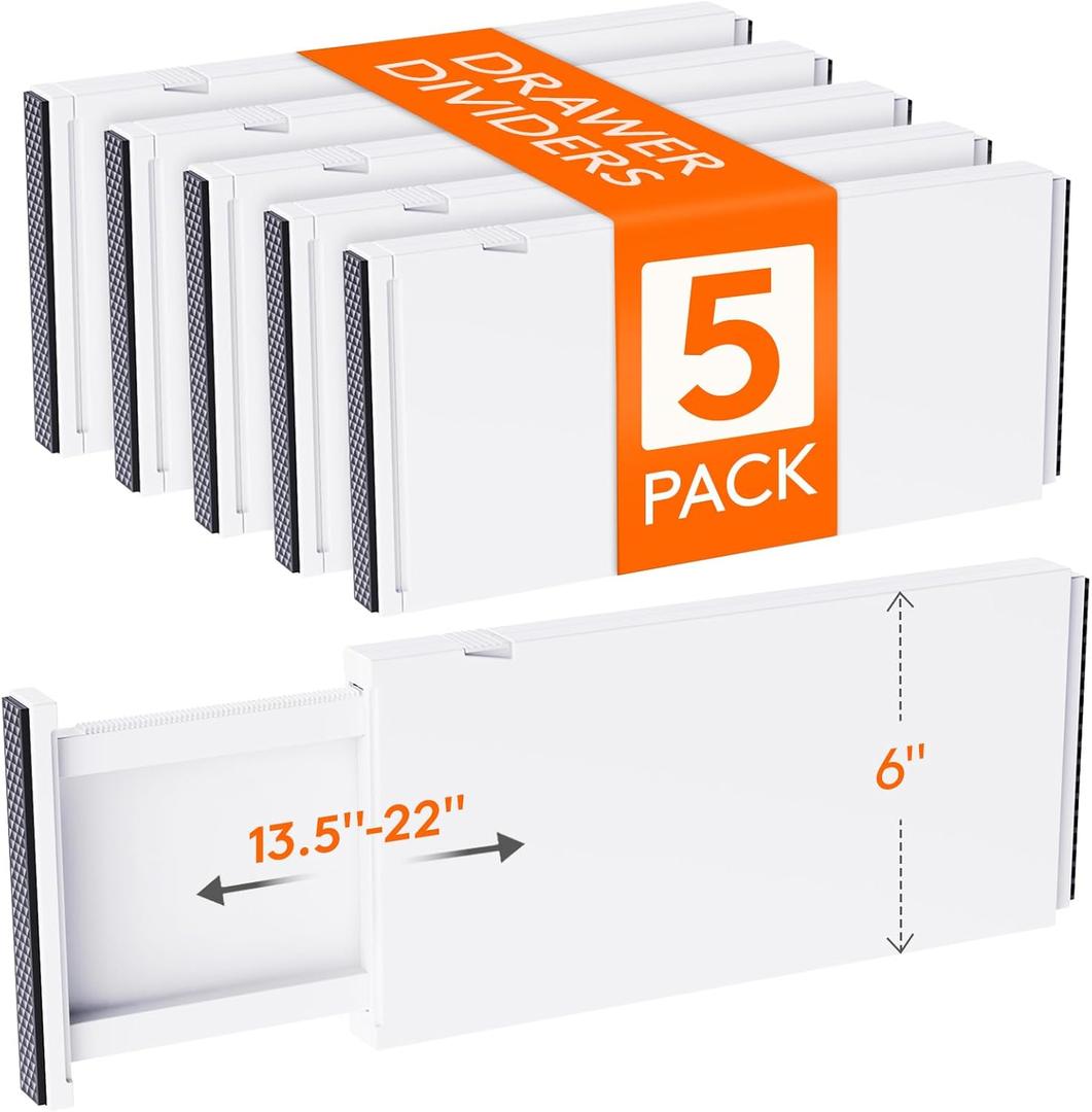 Lifewit 5 Pack 6" High Drawer Dividers 34-56cm/13.5-22" Adjustable Drawer Organizer for Clothes/Utensils, Expandable Drawer Separator in Dresser/Kitchen/Bedroom/Office Organization & Storage White