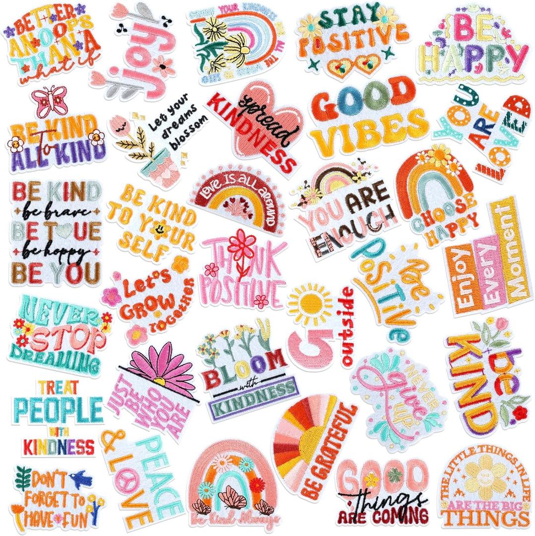 32 Pieces Positive Iron on Patches Boho Hippie Inspirational Affirmations Sew on Embroidered Applique Repair Patch DIY Crafts Festive Gifts for Clothing Hat Shirt Bag Jeans DIY Decorations