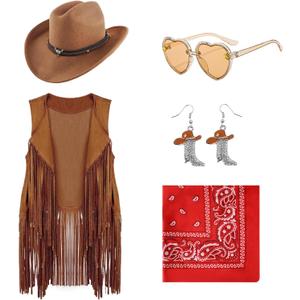 Cowgirl Outfits for Girls Kids 6 Pcs Western Costume Accessories Cowboy Hat Fringe Vest Earring for Halloween Party (7-8 Years, Khaki)