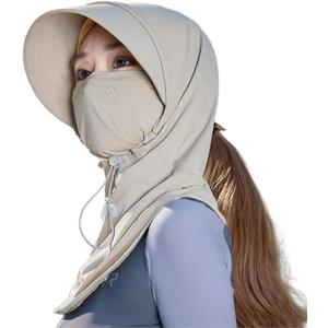 Women Cycling Sun Hat with Helmet Compatibility, Full Face Cover, Neck Gaiter & UPF50+ UV Shield for Outdoor Activities (Wheat)