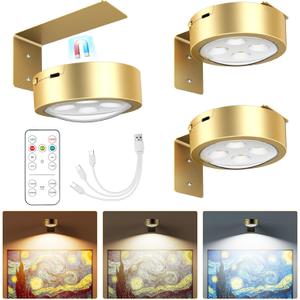 Brightown 3-Pack Picture Lights for Wall,Rechargeable Battery Operated Painting Light Magnetic Art Display Light with Remote, Puck Lights, Dimmable & Timer Art Lighting for Paintings Wireless,Gold