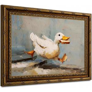 Gold Framed Funny Duck Wall Art Rustic Cottagecore Animal Wall Decor Print, 16"L x 24"W