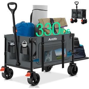 Collapsible Wagon with Tailgate,Foldable Cart with Wheels,330LBS Resting Large Capacity,2 Drink Holders & Side Pockets,Long Extender,for Groceries,Shopping,Camping,Beach,Garden,Grey (Gray)