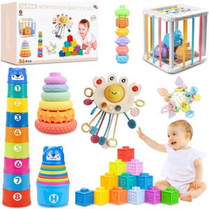 6 in1 Montessori Baby Toys 6-12 MonthsMontessori Toy for Babies 6-12 MonthsIncl 12pc Building Blocks &Silicone Pull String & Sensory Cube & Manhattan Ball& 2 Stacking Toys. Baby Development Toys