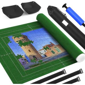 Jigsaw Puzzle Mat Roll Up Fits 2000 1500 1000 Pieces Puzzles, Large Pad Portable Table Non-Slip Board Saver Mats with 2 Sorting Trays, Inflatable Tube, Straps, Keeper Storage Bag, Adults Gifts (Green Felt)
