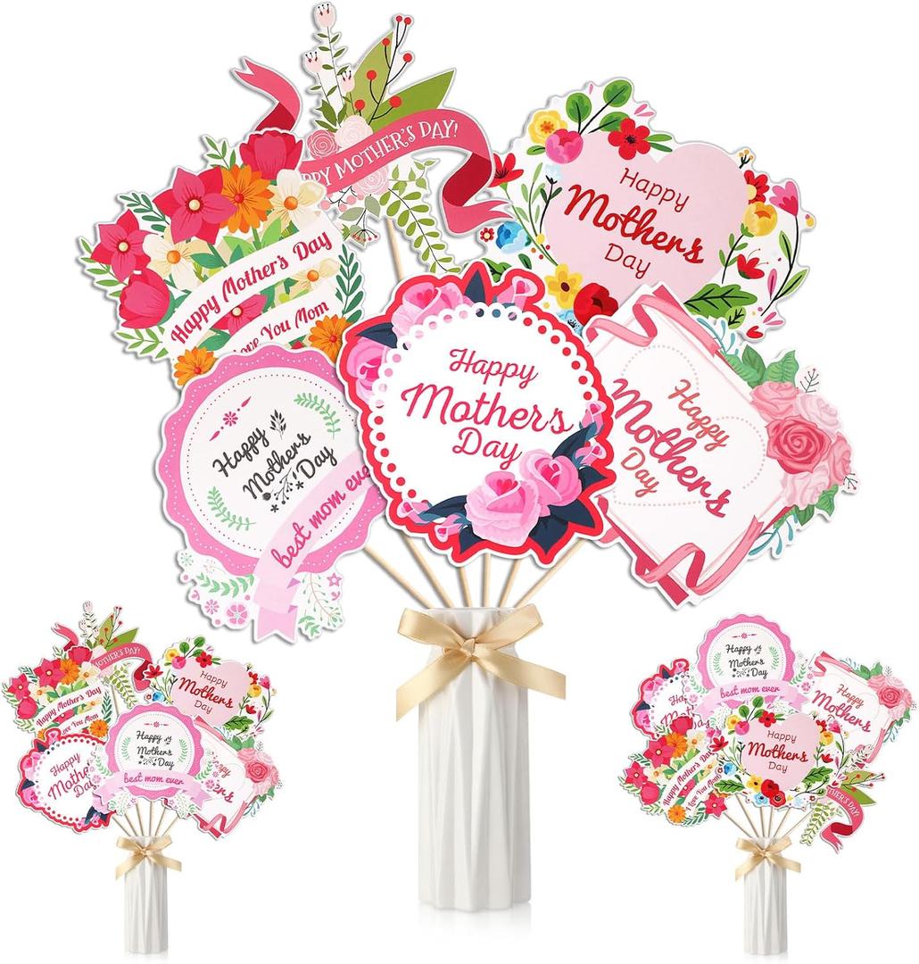 Rotatingpals 48 Pcs Happy Mother's Day Party Centerpiece Sticks Best Mom Love You Mothers Day Table Decorations Pink Flowers Mother's Day Table Toppers for Mother's Day Party Decoration Supplies Cake