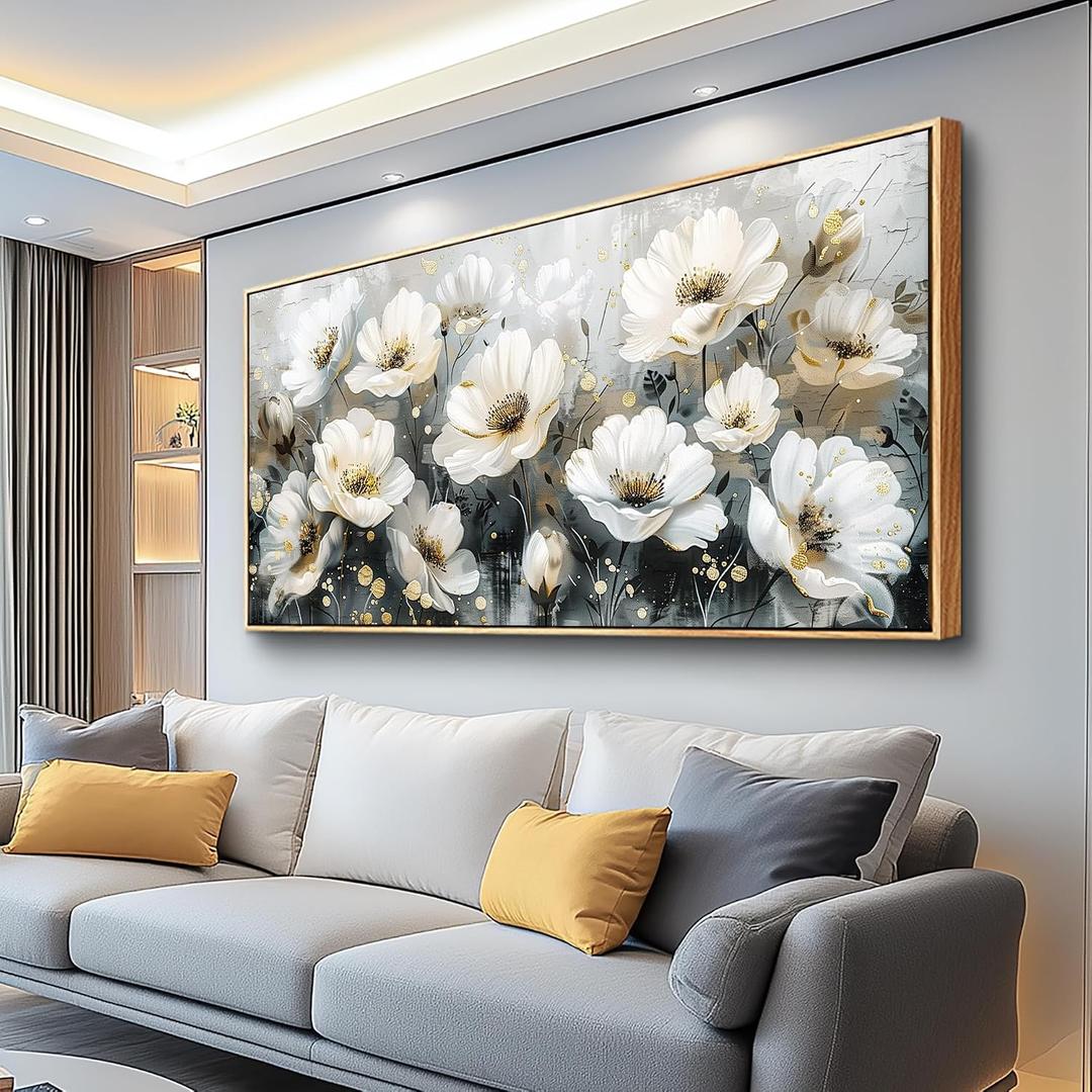 PHAOHUAXM Large Canvas Wall Decor For Living Room Wall Art For Bedroom Office Wall Decorations Print White Ink-Wash Flower-Shaped Wooden Frame Artwork Stretched and Frame Posters Home Decor 24"X48"