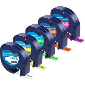 5 Pack Compatible with Dymo Letratag Refills Replacement for Dymo Label Maker Refills 12mm x 4m(1/2" x 13') Colored Plastic Label Tape for Letra Tag LT 100H 100T QX50 Handheld Label Maker Tape Refill (Black on White/Yellow/Green/Orange/Neon Pink)