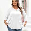 FOLUNSI Womens Plus Size 3/4 Roll Sleeve Blouses V Neck Casual Tunic Tops (White, XL)