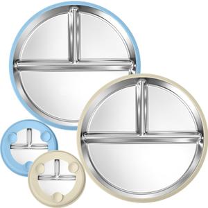 BUSOHA 2 Pack Stainless Steel Kids Plate with Suction - 9 Divided Toddler Baby Plates with Silicone Sleeves Non-Slip 2-in-1 Anti Breakage Metal Toddler Bowls Microwave Dishwasher Safe (Beige+Blue)
