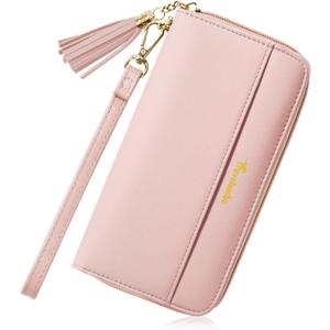 Travelambo Womens Wallet Tassel Bifold Ladies Cluth Wristlet Wrist strap Long Purse (Access Pink Champagne)