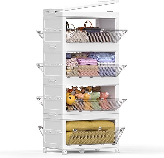 Large Storage Bins with Lids, 88Gal / 352QT Stackable Collapsible Plastic Bins with Wheels, Closet Organizers for Bedroom, Kids Room, Living Room, Garage