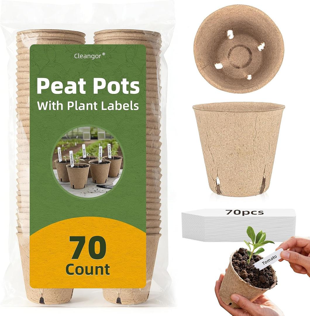 CLEANGOR 70Pcs Biodegradable 4” Peat Pots with 70Pcs Plant Labels, Biodegradable Seed Starter Pots with Drainage Holes, Nursery Pots for Seedlings, Herbs, Vegetables, Flowers, Gardening Kit