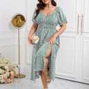 Womens Plus Size Dress Wedding Guest Cocktail Short Sleeve Stringy Selvedge V Neck Slit A Line Flowy Maxi Dresses (Green, XL)