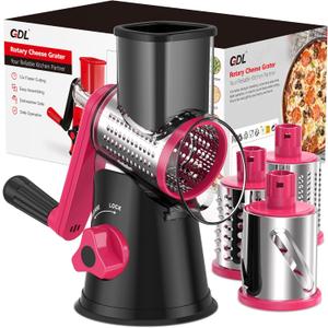 Cheese Grater Rotary, Rotary Grater for Kitchen, Kitchen Vegetable Slicer with 3 Drum Blades, Fast Cutting Cheese Shredder for Vegetables and Nuts (Black+Rosy, 3 BLADES)