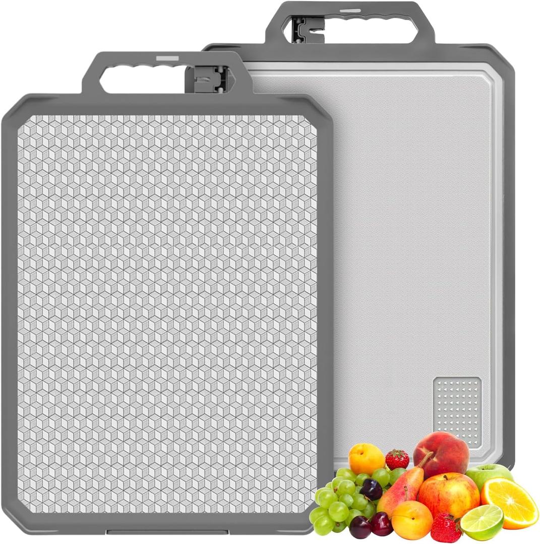 Titanium Cutting Board, Double Sided 17.212 Non Toxic Chopping Board for Kitchen, Titanium and Wheat Straw PP, Food Grade, Non-Slip Silicone Edge, Scratch Resistant Mesh Design, Large Size