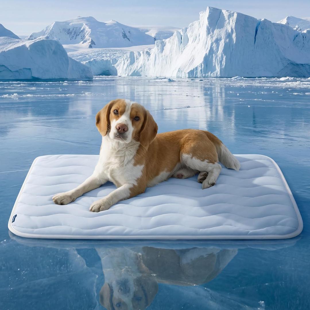Bedsure Cooling Mat for Large Dogs - Q-Max>0.4 Thin Breathable Cooling Crate Pad Indoor for Pet with Chill Cool Fiber as Cooling TopperPortable Washable Kennel Mat in Outdoor Summer, 35x23, Blue
