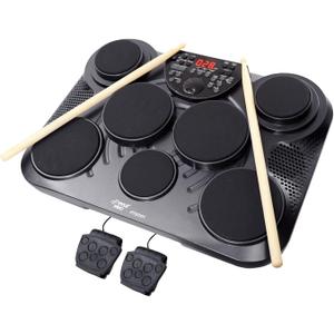 Pyle Electronic Tabletop Digital Drum Set, Compact Portable Drum Pad Kit w/ 8 Touch Sensitive Pads and Pedals, 600 Sounds, USB & Headphone Outputs, MIDI/AUX Inputs, 4x5 Drums & 4x3.5 Cymbals (Black)