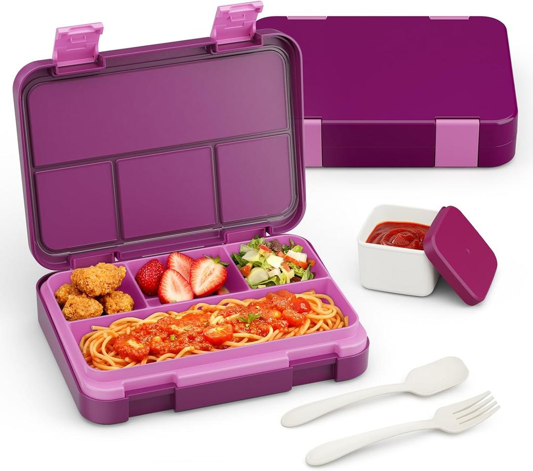 Bento Lunch Box for Kids, 4 Compartments Kids Leak Proof Bento Lunch Boxes Food Containers for School, Travel, On-the-Go Meal, Food Grade, Microwave, Dishwasher Safe Rose Red