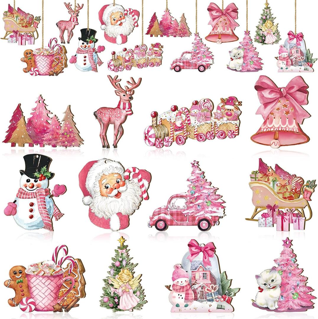 Huwena 36 Pcs Pink Ornaments for Christmas Tree Vintage Wooden Christmas Hanging Ornaments Rustic Xmas Tree Decoration for Festival Party(Cute Style)
