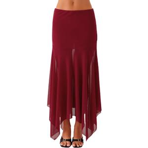 Hafailia Women Mesh Asymmetrical Maxi Skirt Low Rise Sheer Wine Red XS (Red, XS)